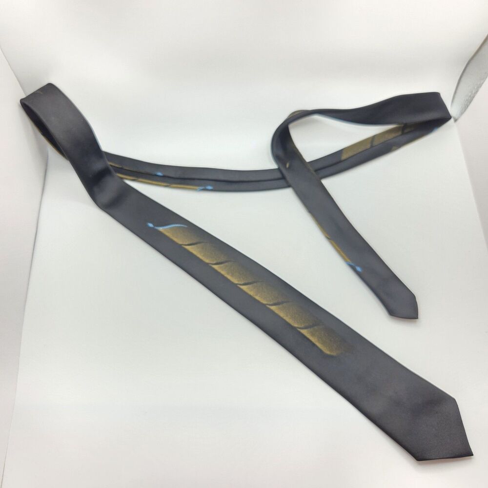 Vintage 70s Superba Dacron Polyester Necktie Black Gold Abstract Panel Skinny